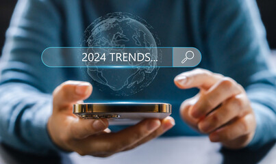 Human searching keyword of 2024 trends planning in new year, business trends, fashion trends, start up, marketing, planning, technology update, year 2024, SEO, digital marketing online