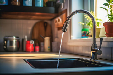 Water flowing from faucet into sink in sunlit kitchen
