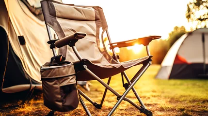 Foto op Plexiglas Camping chair and camping tent at sunset. Vacation concept. © Narin