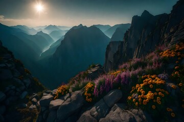 A rocky mountain ledge overlooking a misty abyss, adorned with resilient flowers clinging to the rugged terrain.