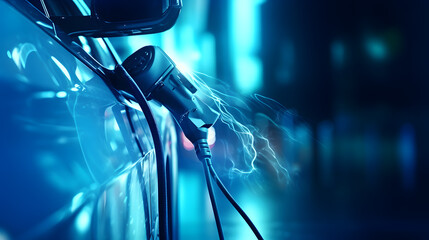 Double exposure Electric vehicle EV car Power cable wirh pump plug in charging power to electric vehicle EV car on virtual modern technology UI information display,innovation sustainab. Generative Ai. - obrazy, fototapety, plakaty