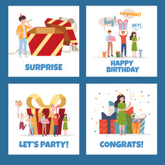 Birthday greeting cards set, flat vector illustration.