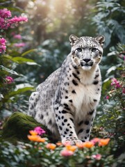 Obraz premium snow leopard in the middle of the jungle ,flower jungle ,photography