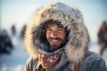 Fototapeta premium Happy Man in a Stylish Fur Hood. Winter Elegance