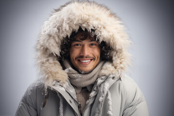 Happy Man in a Stylish Fur Hood. Casual Elegance