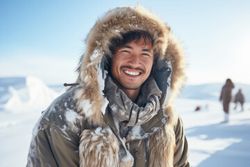 Fototapeta premium Smiling Asian Man in Eskimo Attire. Joyful Winter Moments