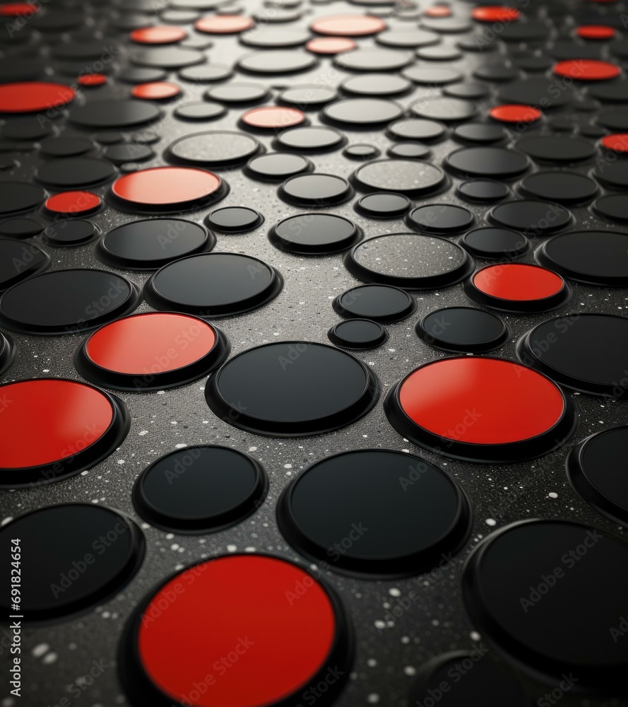 Poster a black and red background with many black and red circles. generative ai.