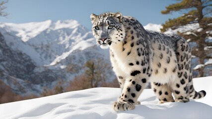 portrait of a leopard background of snowy mountains 