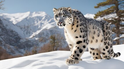 Naklejka premium portrait of a leopard background of snowy mountains 