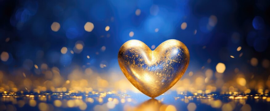 A golden heart shines on a blue background with bokeh and copy space on the left side. Generative AI.