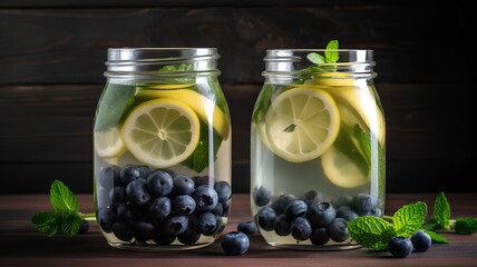 Detox water with blueberry, lemon and mint in glass jars on wooden background