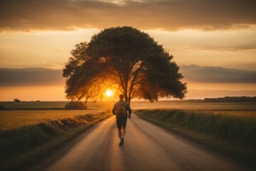 Rear view of a man running, walking on the road at sunset on a beautiful background of nature, a large tree and mountains. Healthy active lifestyle, travel, sports concepts.