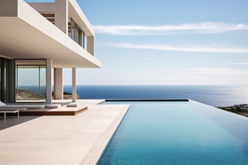 A minimalist villa featuring a pool and an expansive ocean view on the horizon