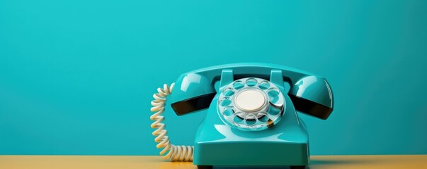 A vibrant teal retro rotary dial phone on an aqua backdrop, exuding a playful mid-century modern vibe. Copy space on the left. Generative AI.