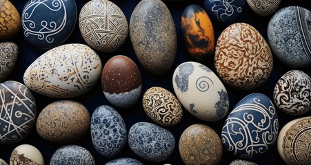 A stunning collection of intricately etched stones in various designs and vibrant colors. Generative AI.
