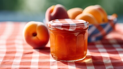Apricot jam in a glass jar on a checkered tablecloth