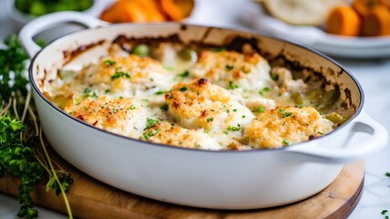 Cauliflower gratin with cheese and herbs in a baking dish