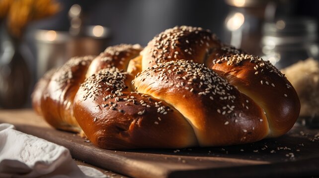 Sweet braided bread with sesame seeds on a wooden board.