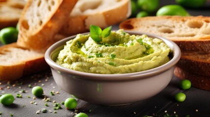 Bowl of tasty hummus with fresh green peas and bread on table