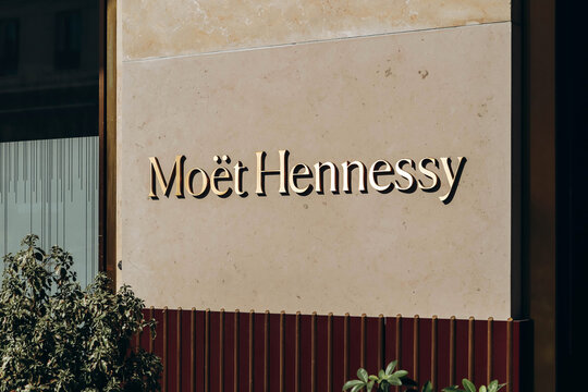 Paris, France - October 1, 2023: Moët Hennessy sign board on the  famous department store Le Bon Marché in Paris