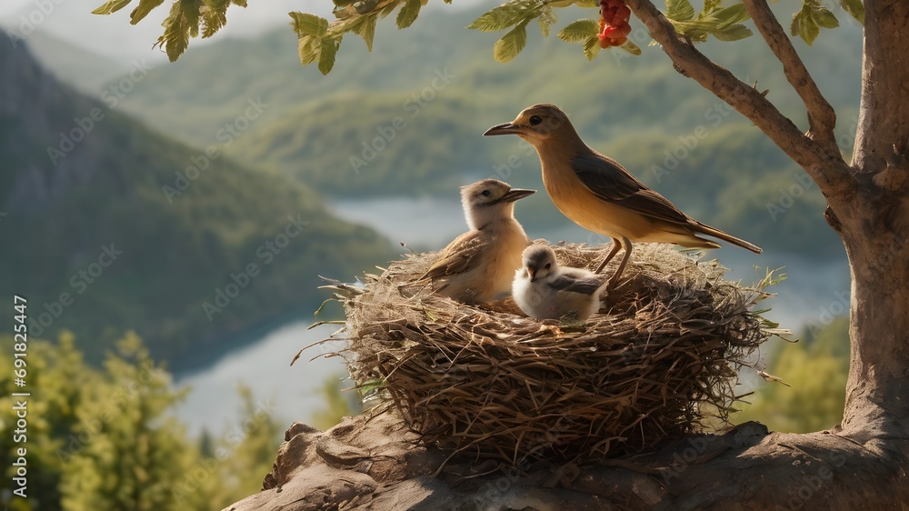 Poster birds nest in the nest mountain background