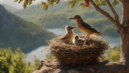 birds nest in the nest mountain background  - obrazy, fototapety, plakaty