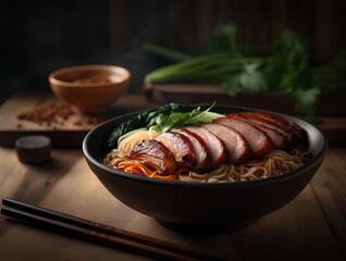 Ramen noodle with roasted duck and vegetables in bowl on wooden table