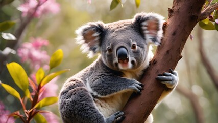 Naklejka premium koala cub running , portrait of koala in the flower , wild jungle 
