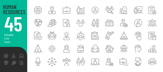 Human Resources Line Editable Icons set. Vector illustration in thin line modern style of business related icons: requirements for employee, organization, searching, and more. Isolated on white.