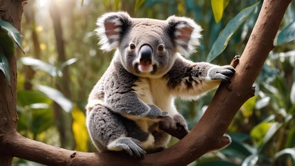 Obraz premium koala cub running , portrait of koala in the flower , wild jungle 