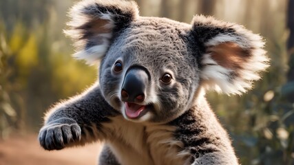 Obraz premium koala cub running , portrait of koala in the flower , wild jungle 