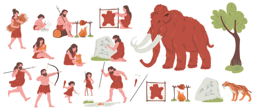 Tribal primitive cave people life, vector hand drawn Stone age illustrations set, ancient evolution and civilization