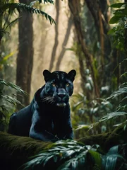 Zelfklevend Fotobehang Portrait of a black jaguar in the forest, flower , in the fantasy jungle, © monu