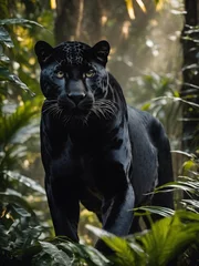 Tuinposter Portrait of a black jaguar in the forest, flower , in the fantasy jungle, © monu