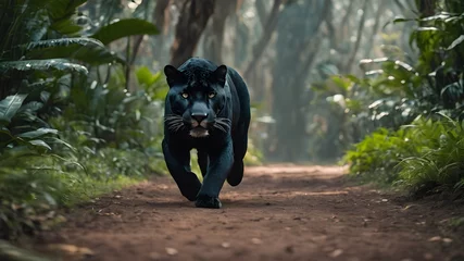 Foto op Plexiglas Portrait of a black jaguar in the forest, flower , in the fantasy jungle, © monu