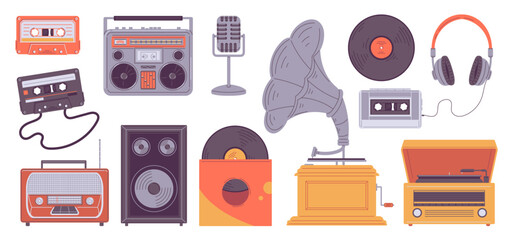 Set of retro music players, flat vector illustration isolated on white background. - obrazy, fototapety, plakaty