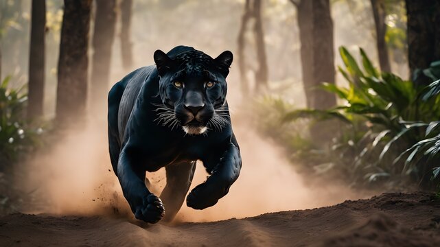 Portrait of a black jaguar in the forest, flower , in the fantasy jungle,