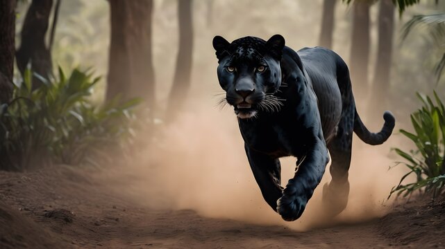 Portrait of a black jaguar in the forest, flower , in the fantasy jungle,