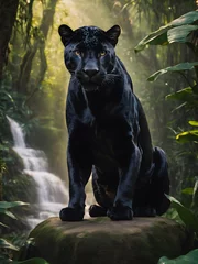 Fotobehang Portrait of a black jaguar in the forest, flower , in the fantasy jungle, © monu