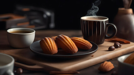 Delicious madeleines with a coffee on the table