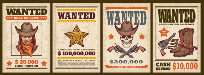 Vintage western style Wanted posters set with bandit portrait, skull, sheriff badge and revolvers, paper blank reward - obrazy, fototapety, plakaty