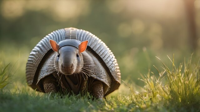 A Southern Three-banded Armadillo is walking on the grass
