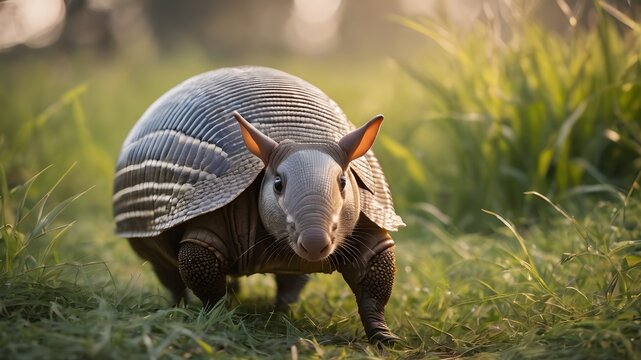 A Southern Three-banded Armadillo is walking on the grass