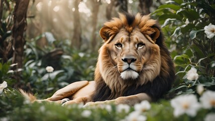 Fototapeta premium lion in the flower field, lion portrait , lion in the middle of jungle