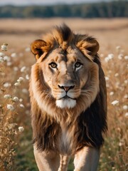 Obraz premium lion in the flower field, lion portrait , lion in the middle of jungle