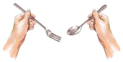 hand with fork Hand holding a fork spoon isolated  hand drawn on transparent background eating food, watercolor, tool dinner