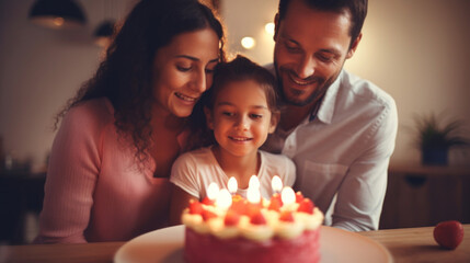 Cute little girl blowing out candles on birthday cake with her parents - obrazy, fototapety, plakaty