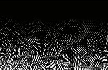 Monochrome dotted pattern with curves. Futuristic pop art print. Optical spotted texture. Halftone dot background. Wavy half tone effect. Black white banner. Abstract vector illustration.