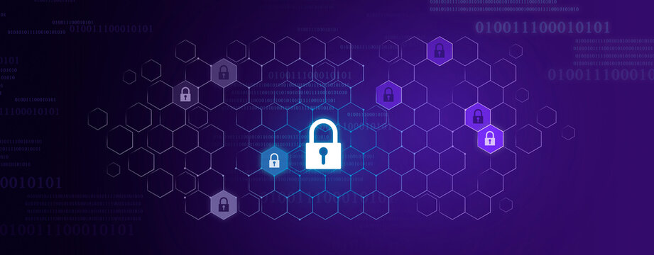 A glowing padlock is positioned in the center of vibrant purple color background. Numeric digits and hexagon frame are scattered across the canvas.