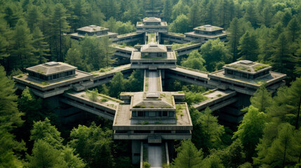 Modernistic buidings with straight corners and edges in the middle of green forest. Brutalist architecture with lots of concrete.